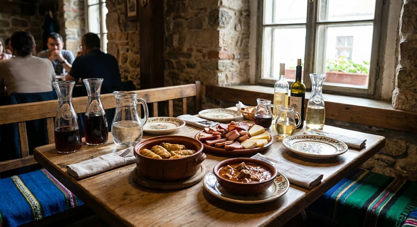 Traditional Transylvanian cuisine with regional wines in a historic Cluj-Napoca restaurant