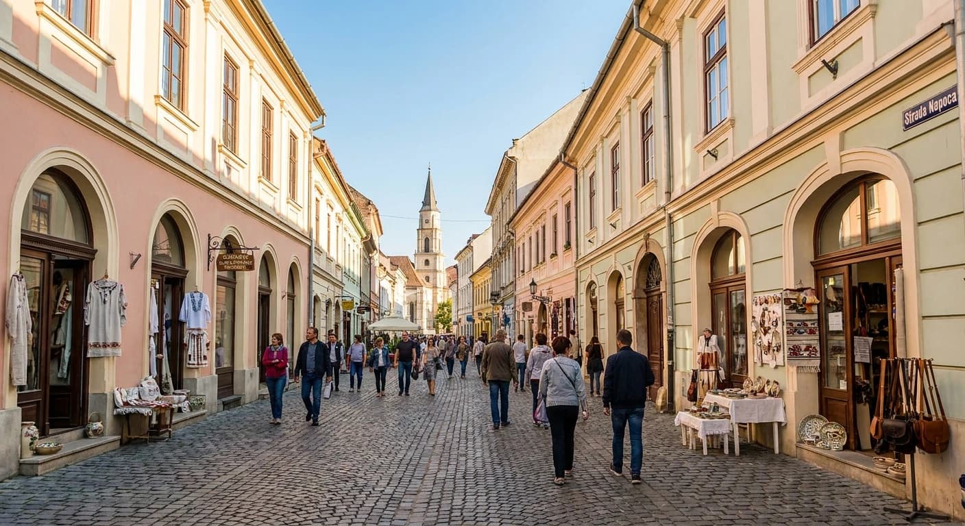 Artisan boutiques and historic architecture in central Cluj-Napoca shopping district