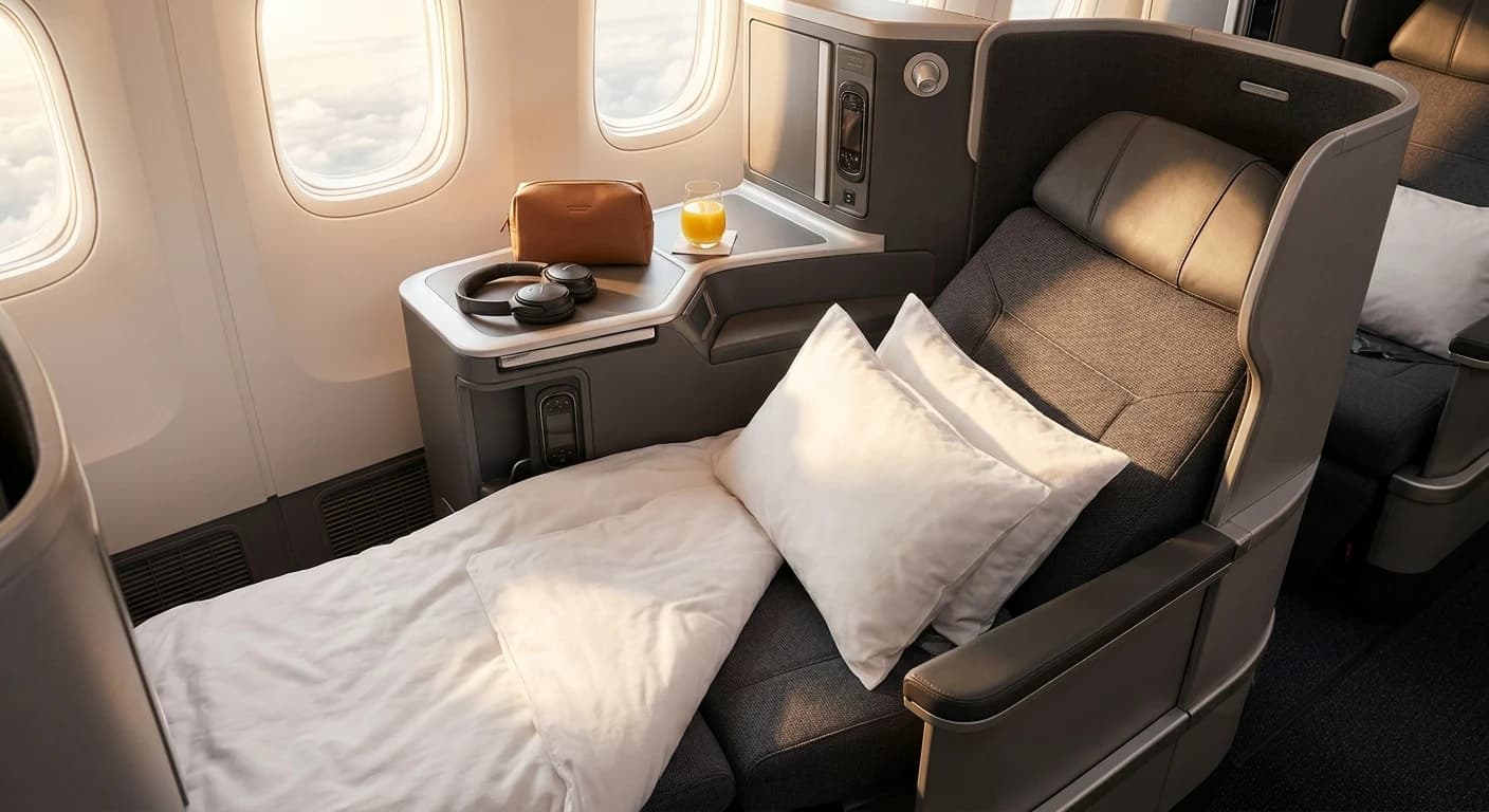 Lie-flat business class cabin seat with premium bedding and amenity kit