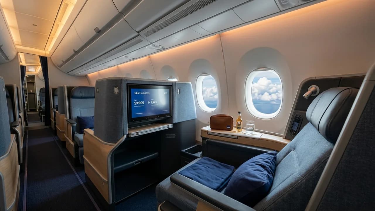SAS business class cabin with lie-flat suite and premium amenities