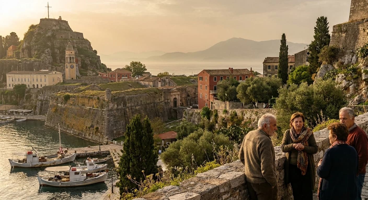 Venetian old town of Corfu with Old Fortress and Ionian Sea at golden hour