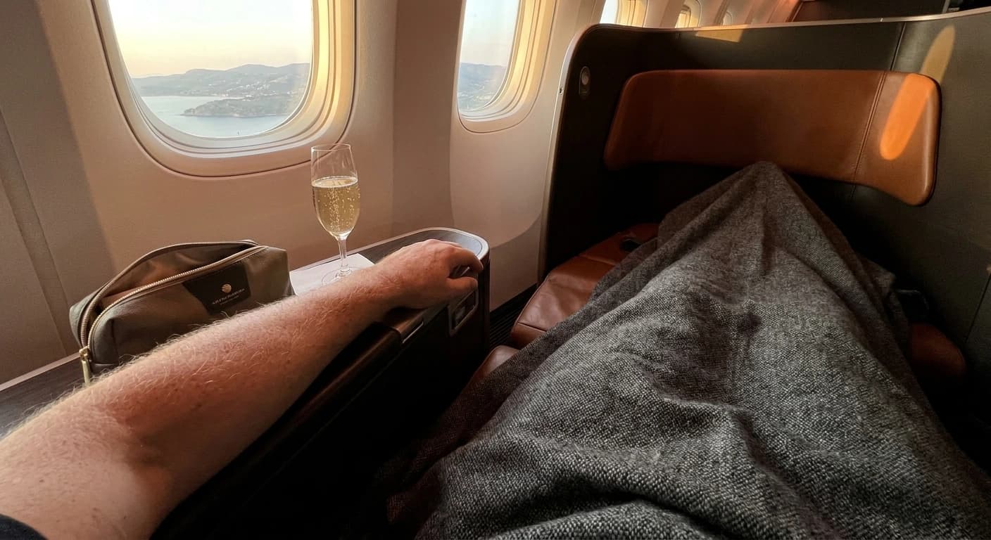 Business class cabin with lie-flat seats and premium amenities on a flight to Corfu