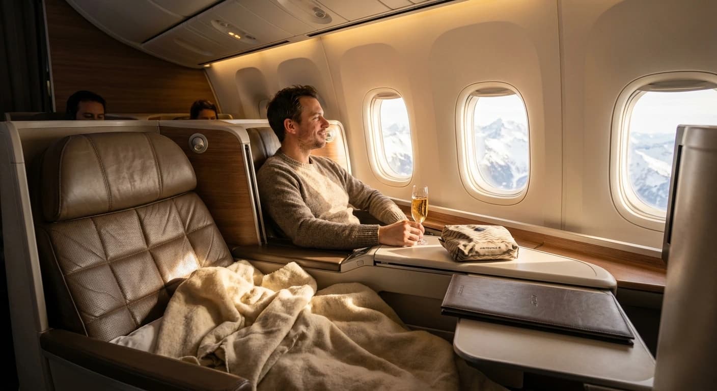 Luxury business class flat-bed cabin with premium amenities and champagne service