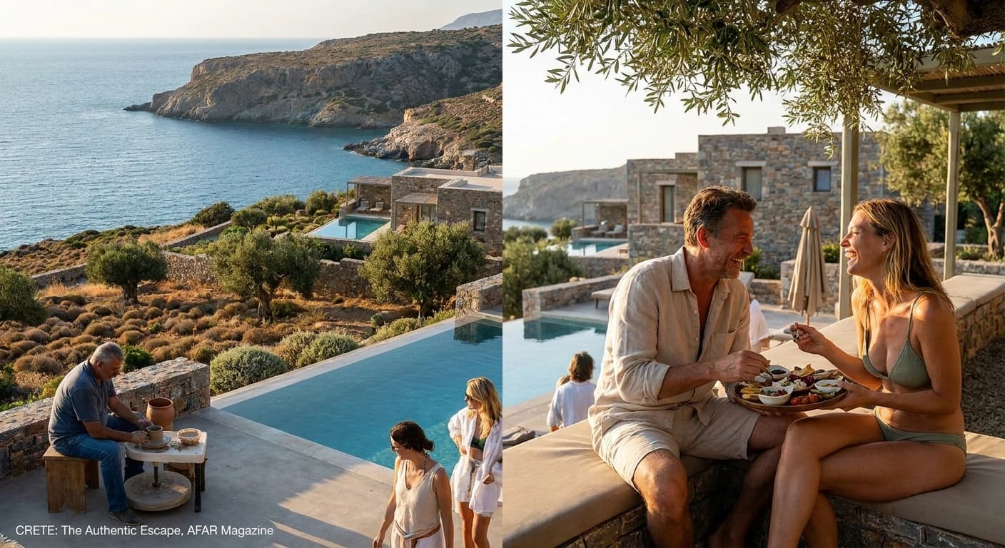 Luxury resort pool and private beach overlooking the turquoise waters of Crete, Greece