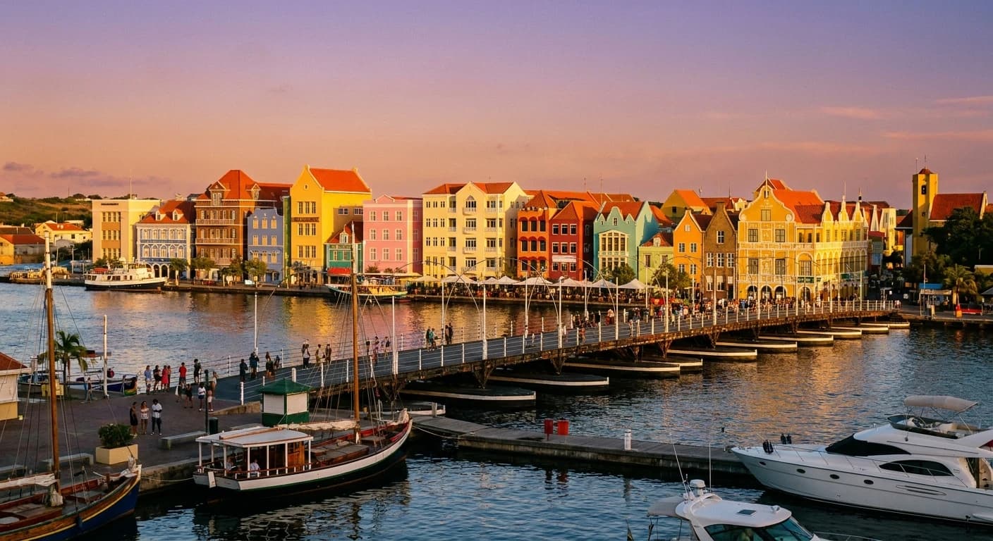 Colorful Dutch colonial Handelskade waterfront in Willemstad, Curaçao at golden hour