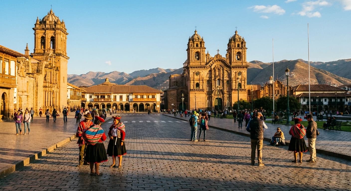 Cusco's Plaza de Armas at golden hour