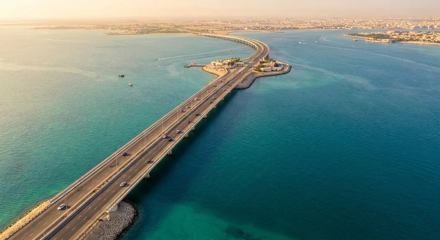 King Fahd Causeway stretching across the Arabian Gulf connecting Saudi Arabia and Bahrain