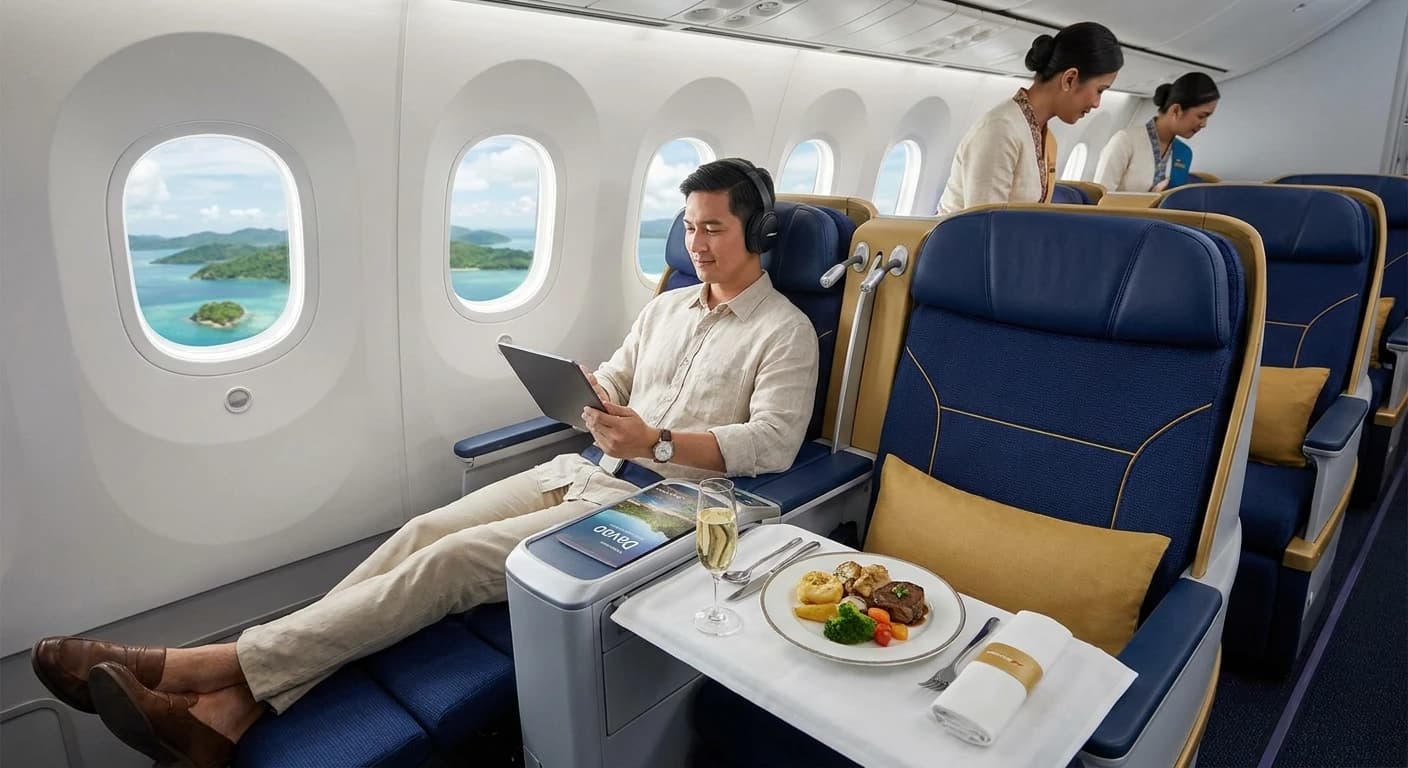 Philippine Airlines business class cabin with premium amenities on the Davao route