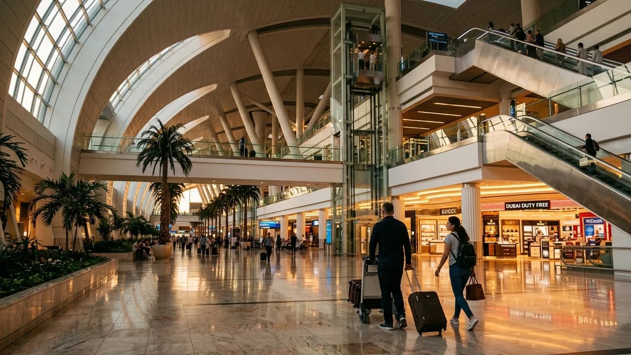 Dubai International Airport Terminal 3 with soaring architecture and luxury arrivals area