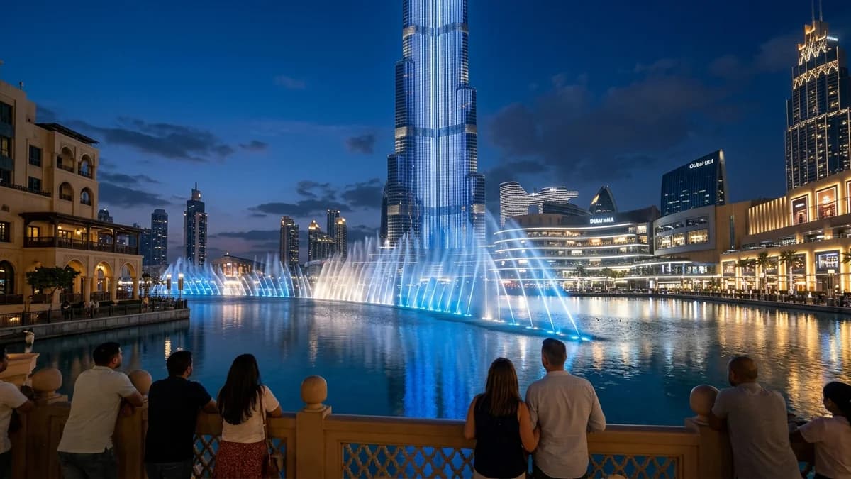 Burj Khalifa and Dubai Fountain at blue hour with illuminated water display