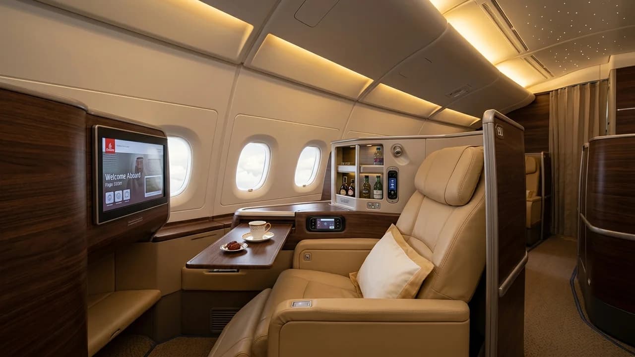 Emirates A380 business class suite with walnut accents and personal minibar