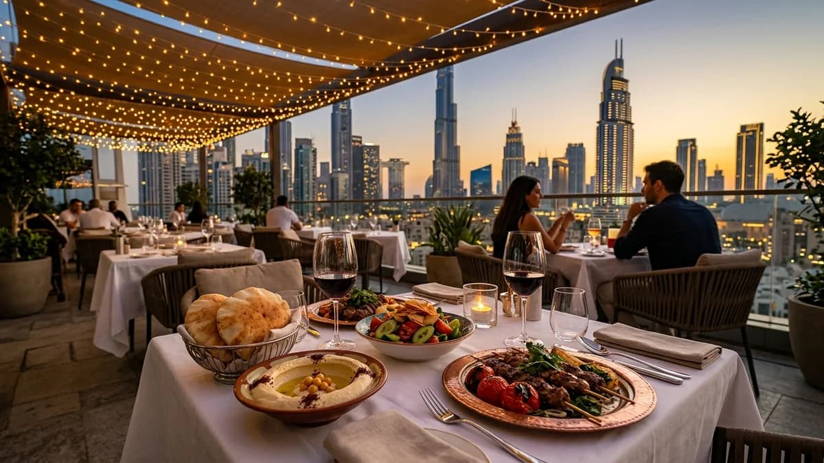Upscale outdoor dining terrace in Dubai with mezze spread overlooking the city skyline at sunset