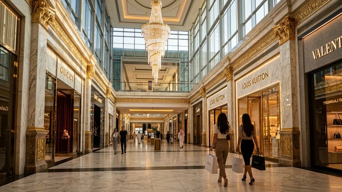 Dubai Mall Fashion Avenue luxury wing with crystal chandelier and marble interiors