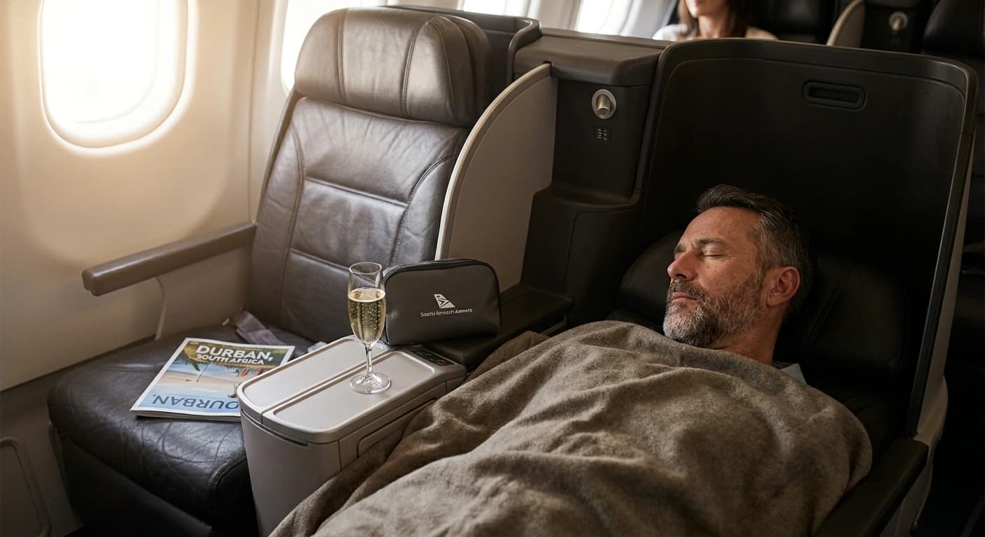 Emirates business class lie-flat suite with premium amenities and mood lighting