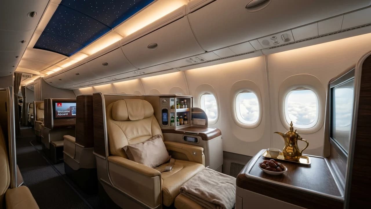 Emirates business class cabin with lie-flat suite and premium amenities