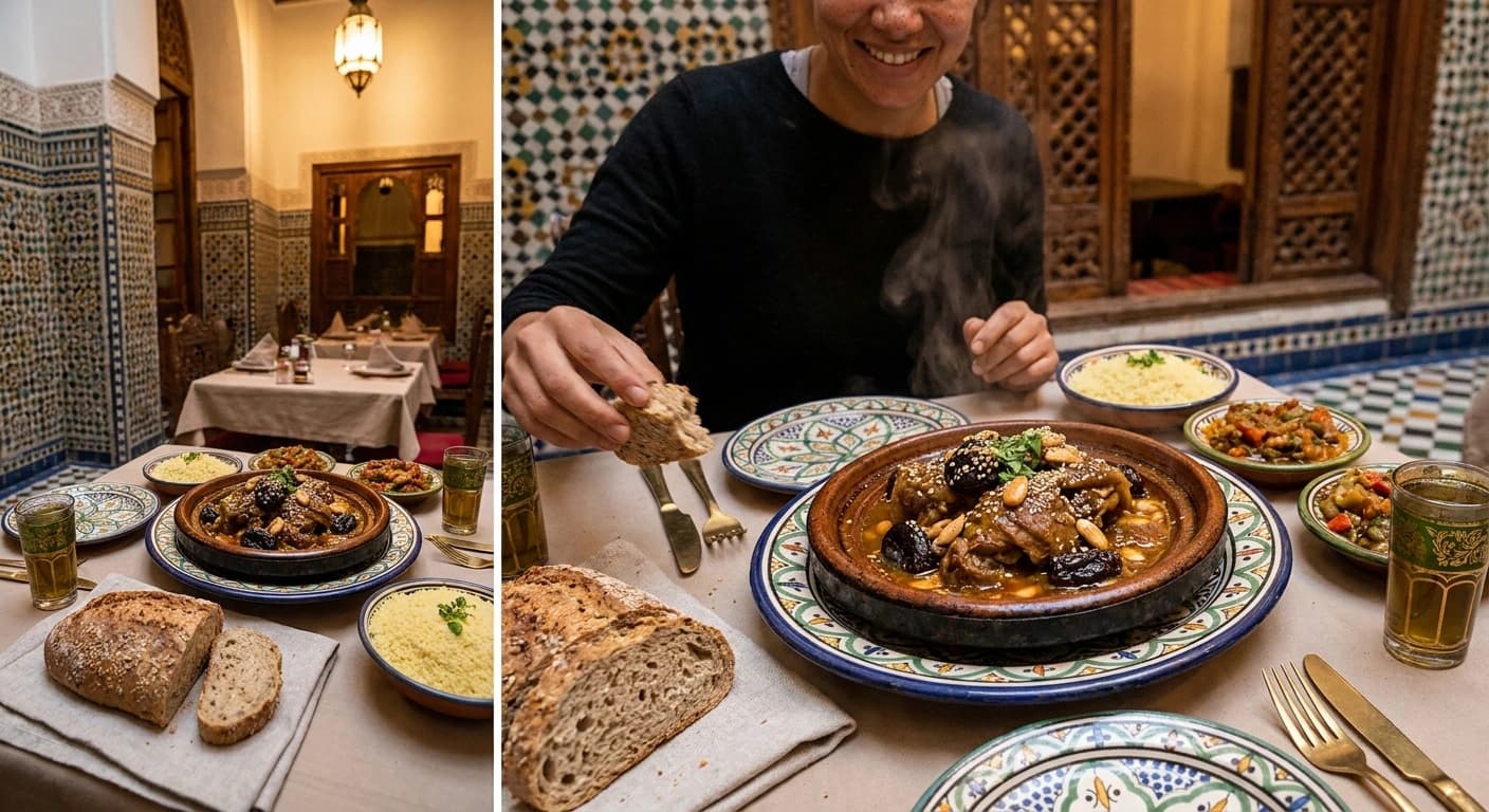 Traditional Moroccan bastilla and tagine dishes served in an ornate Fez riad courtyard