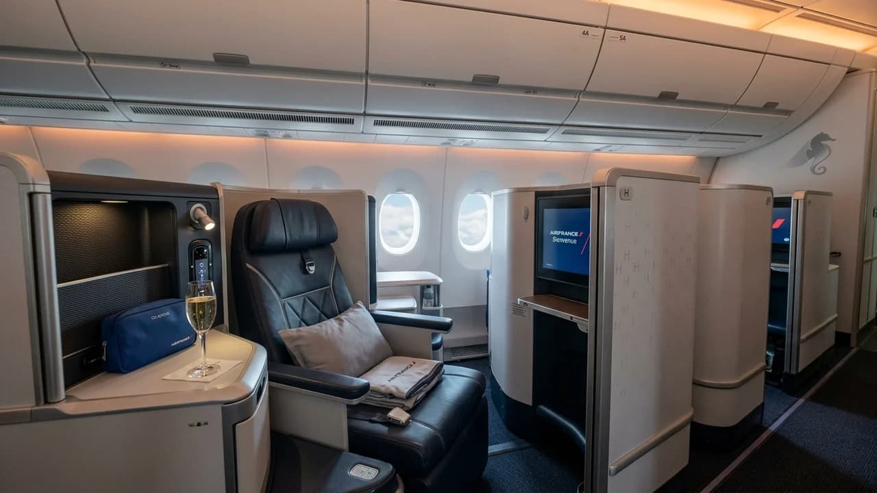 Air France business class cabin with lie-flat suite and premium amenities
