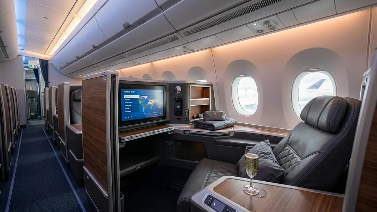 Brussels Airlines business class cabin with lie-flat suite and premium amenities