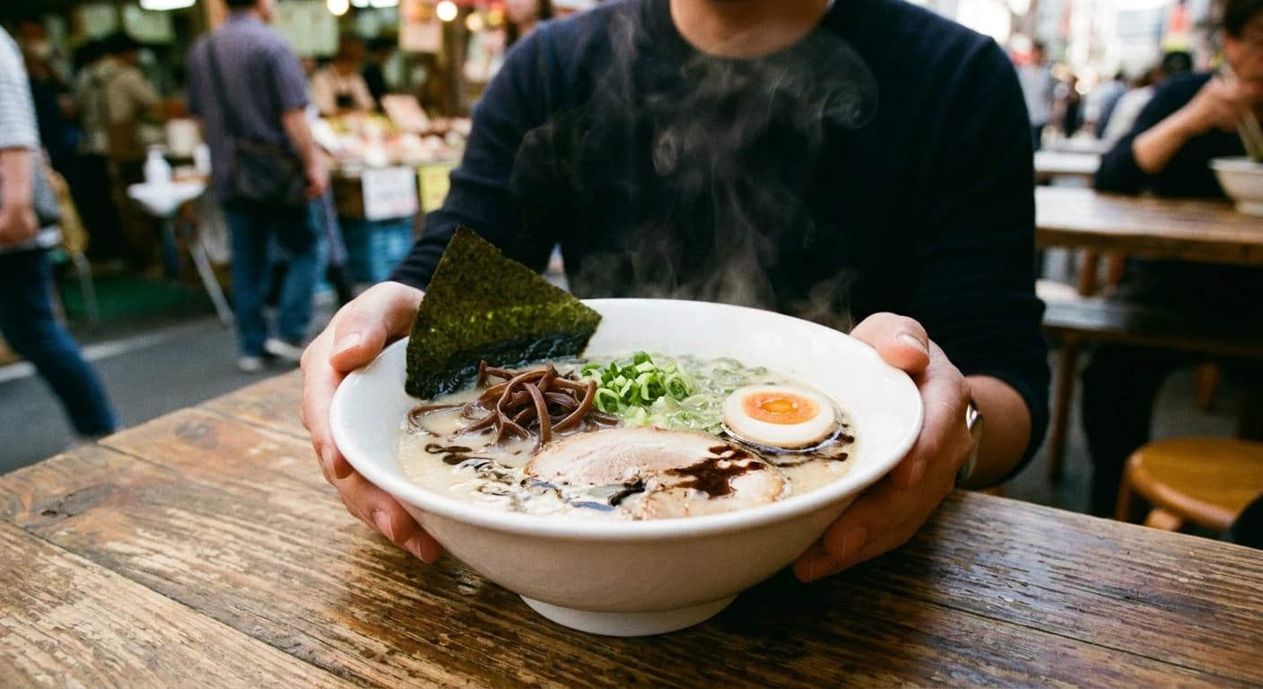 Steaming bowl of Hakata tonkotsu ramen