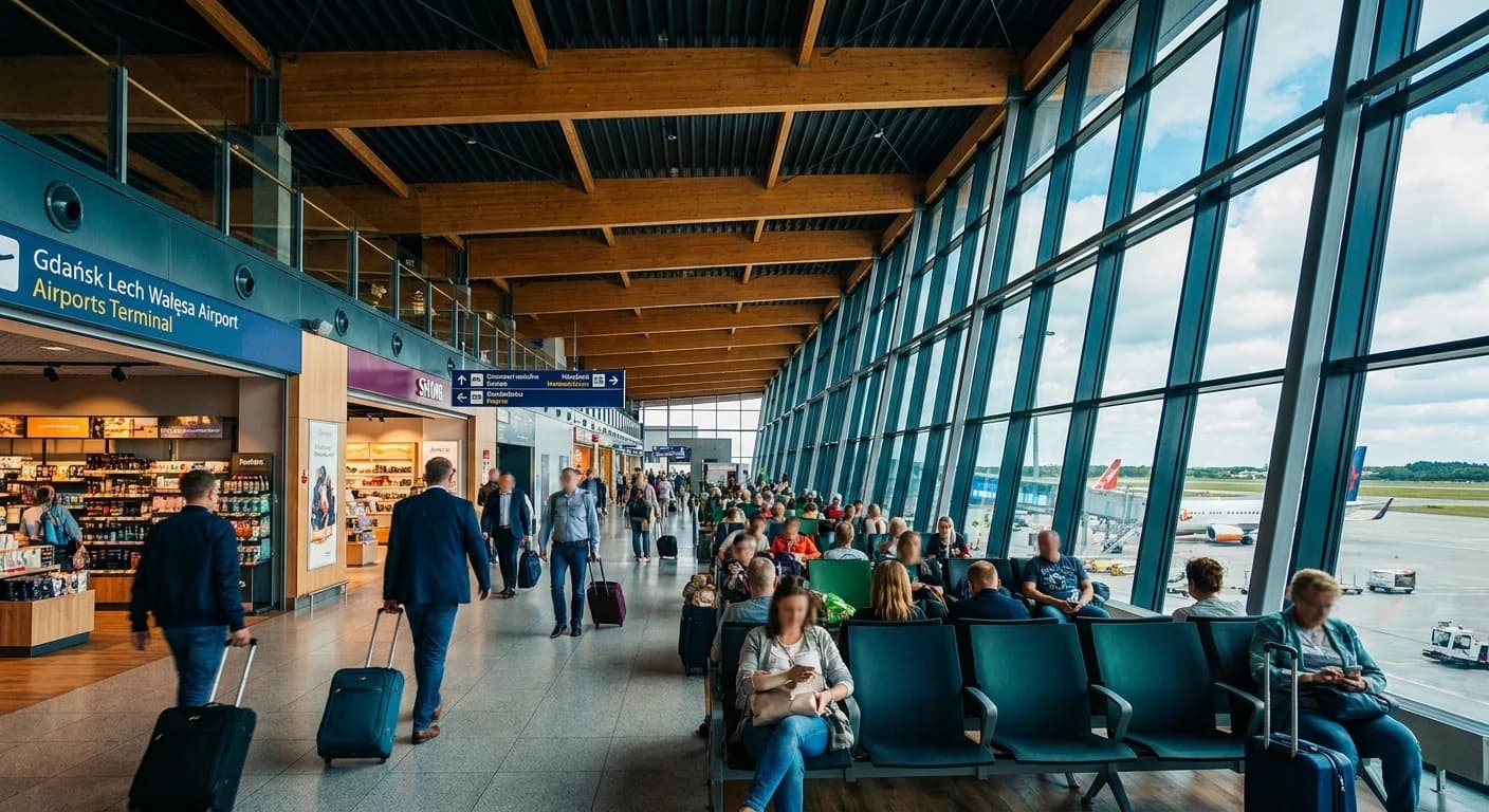 Modern terminal interior at Lech Wałęsa Airport Gdansk