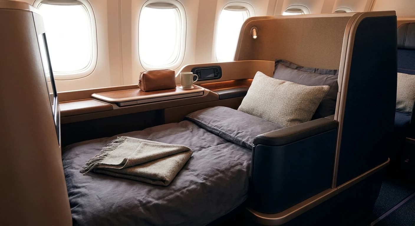 Lie-flat business class cabin with premium bedding and amenity kit
