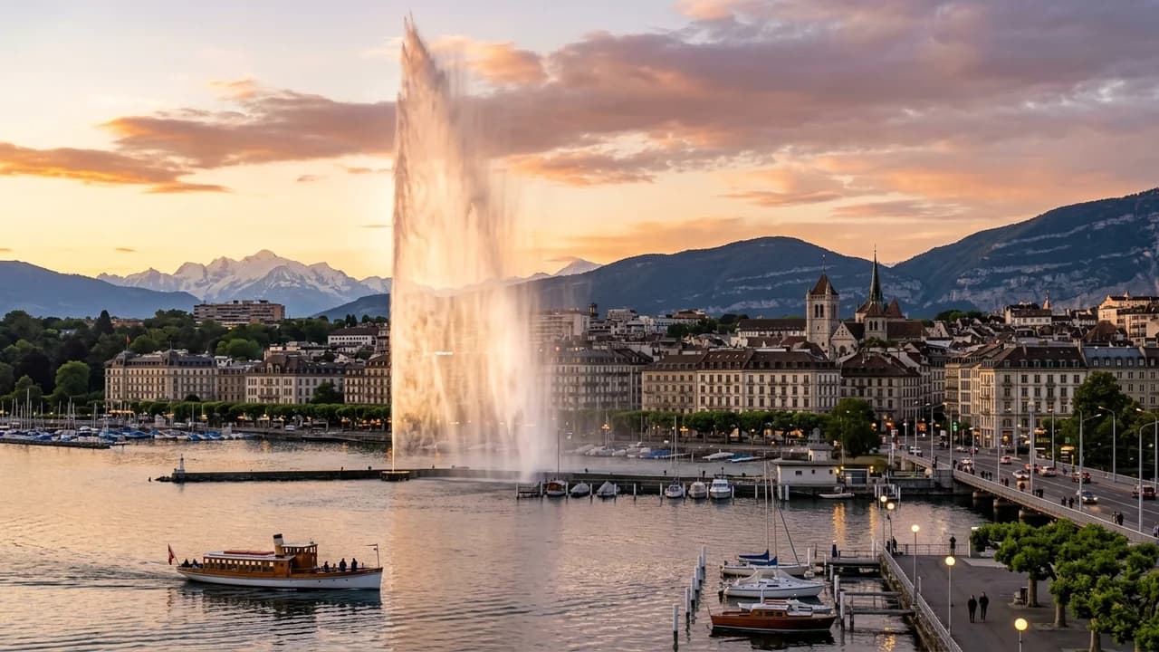 Iconic landmark in Geneva, Switzerland at golden hour