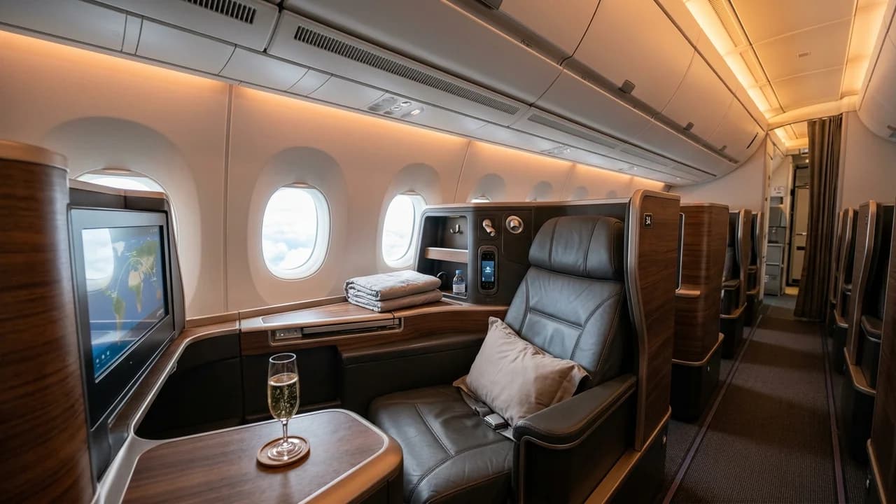 SWISS business class cabin with lie-flat suite and premium amenities