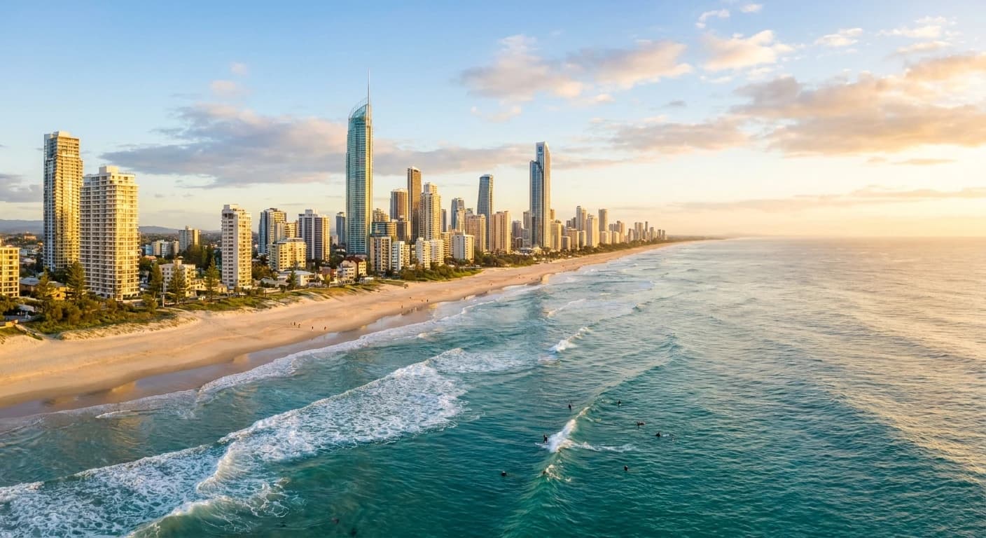 Stunning Gold Coast beach panorama with skyline and surf