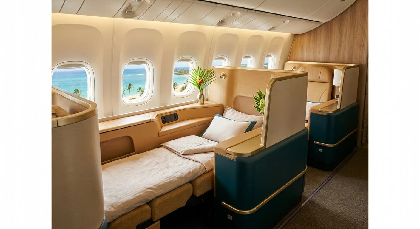 Business class lie-flat cabin configured for Gold Coast route