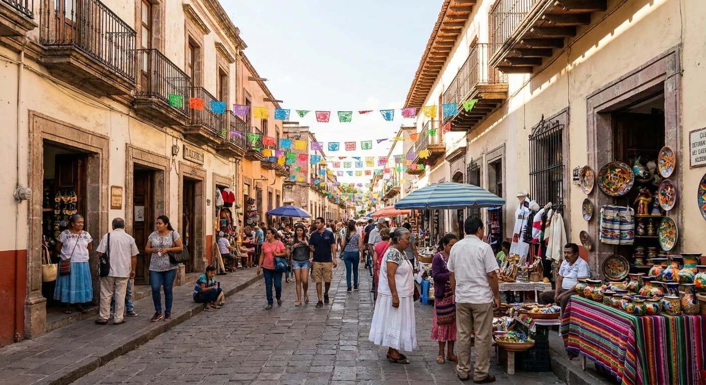 Artisan shopping district in Tlaquepaque with colonial architecture and craft galleries