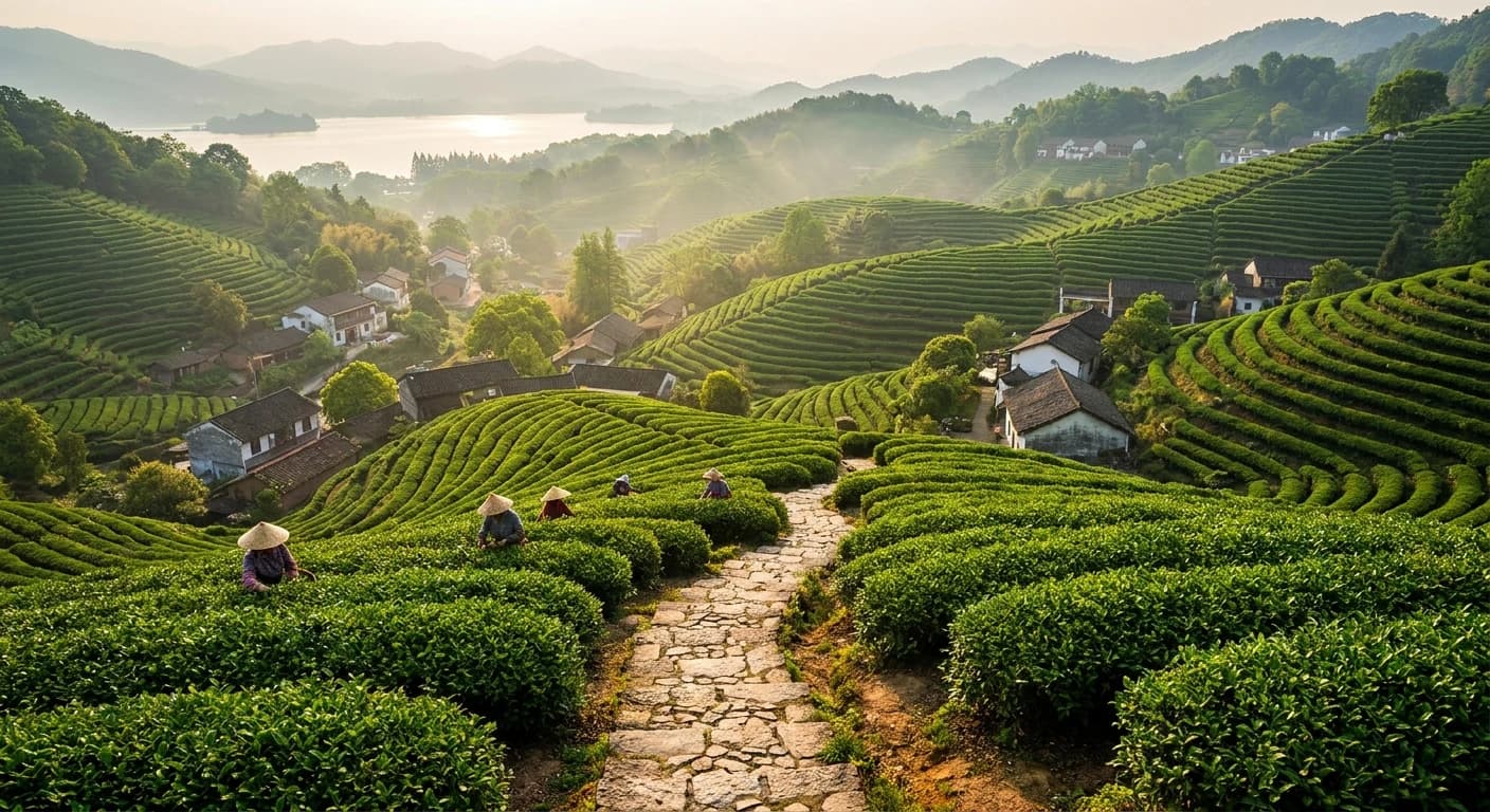 Longjing tea plantations in the hills around West Lake