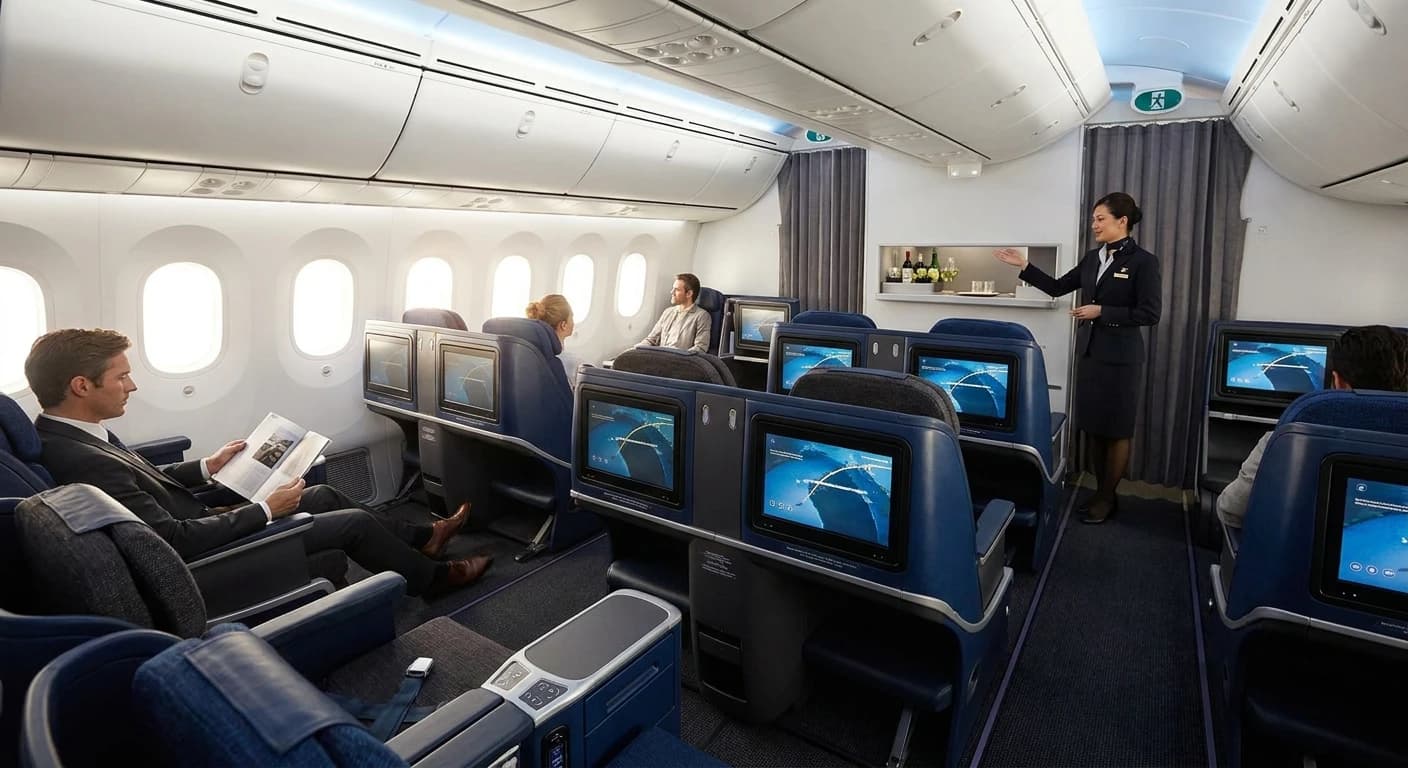 Business class cabin configured for long-haul service to Hangzhou