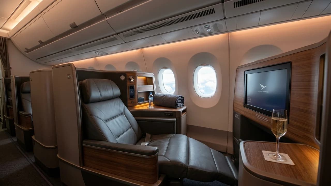 Vietnam Airlines business class cabin with lie-flat suite and premium amenities