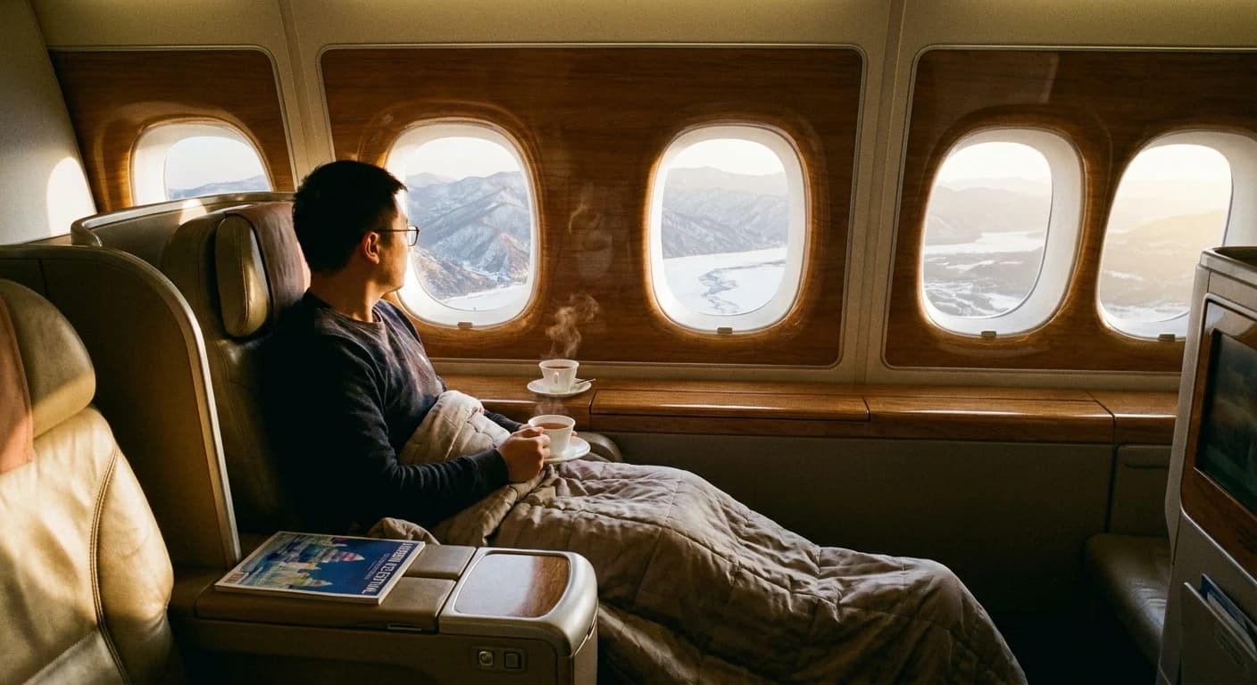 Business class cabin on a long-haul flight to Harbin