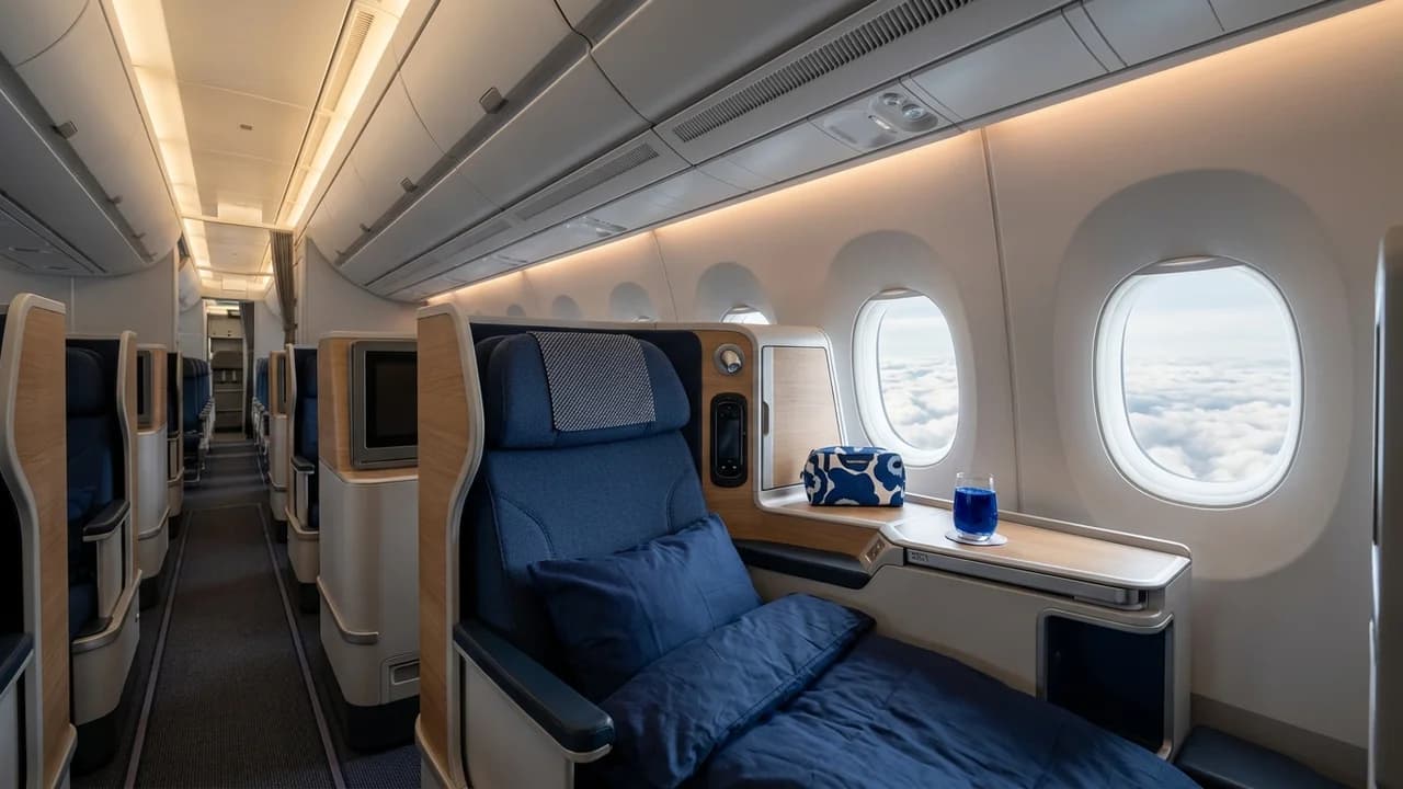 Finnair business class cabin with lie-flat suite and premium amenities