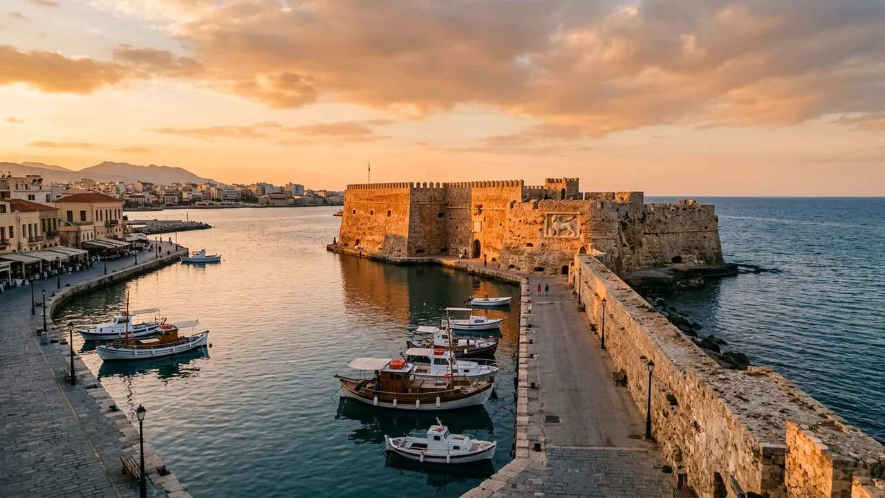 Iconic landmark in Heraklion, Greece at golden hour