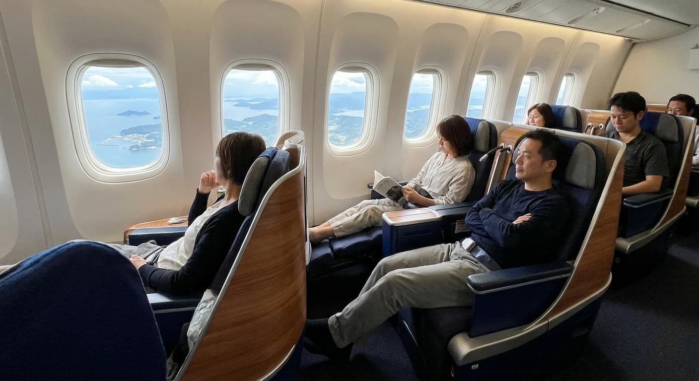Business class cabin en route to Hiroshima
