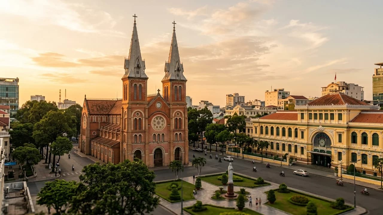 Iconic landmark in Ho Chi Minh City, Vietnam at golden hour