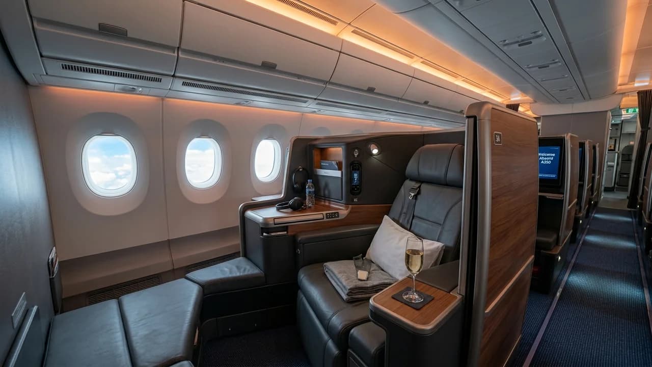 Vietnam Airlines business class cabin with lie-flat suite and premium amenities
