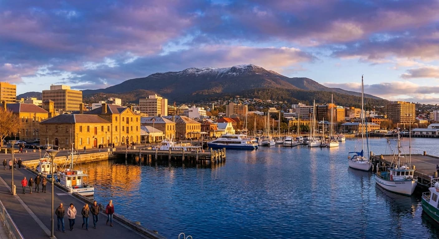 Dramatic waterfront view of Hobart with Mount Wellington backdrop