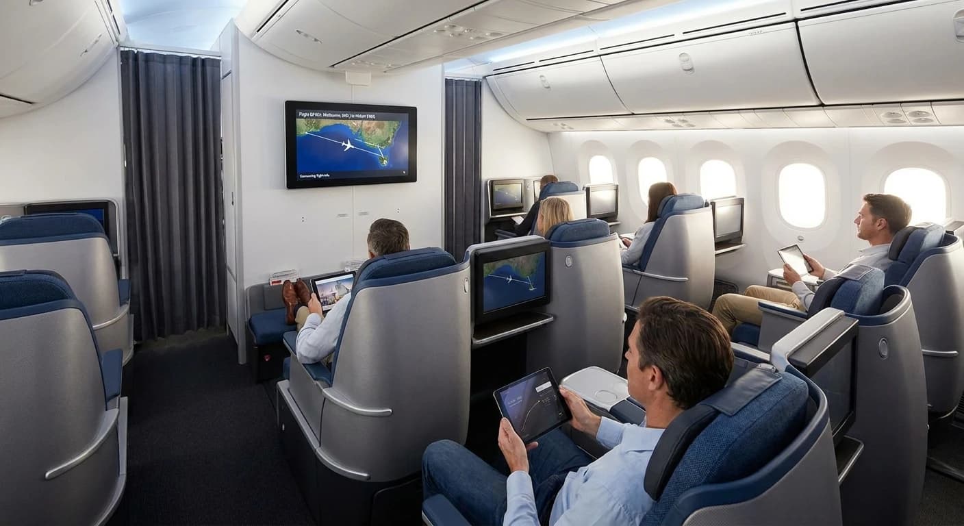 Business class cabin configured for connection to Hobart via Melbourne