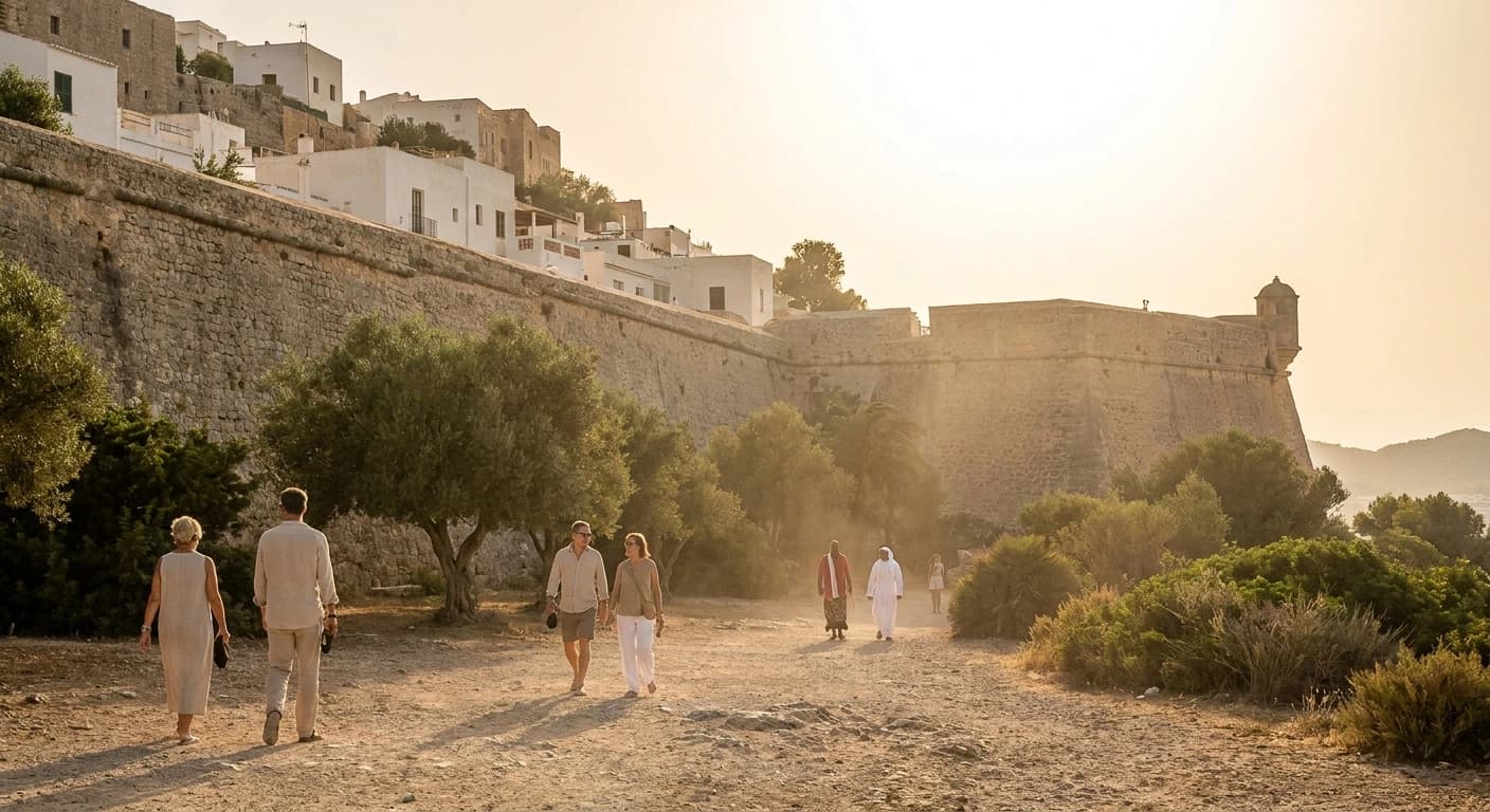 Dalt Vila UNESCO old town rising above Ibiza harbor at golden hour