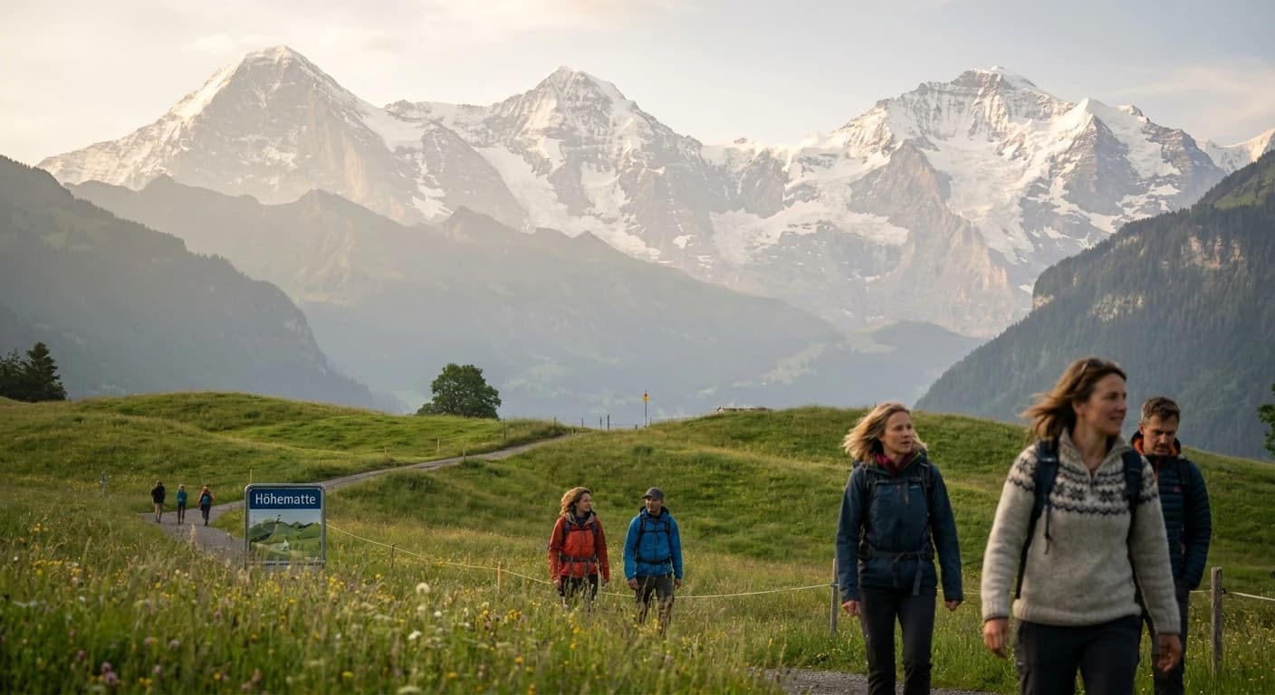 Panoramic view of the Jungfrau massif and turquoise lakes from Harder Kulm, Interlaken