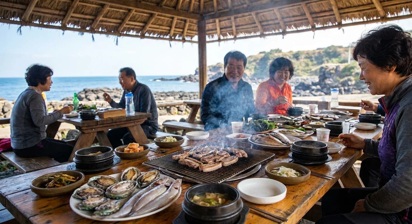 Traditional Jeju black pork barbecue and fresh seafood dining experience