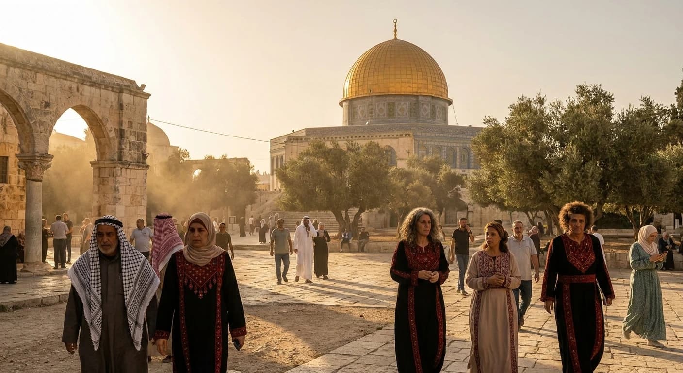 Golden Dome of the Rock gleaming over the ancient Old City of Jerusalem at sunset
