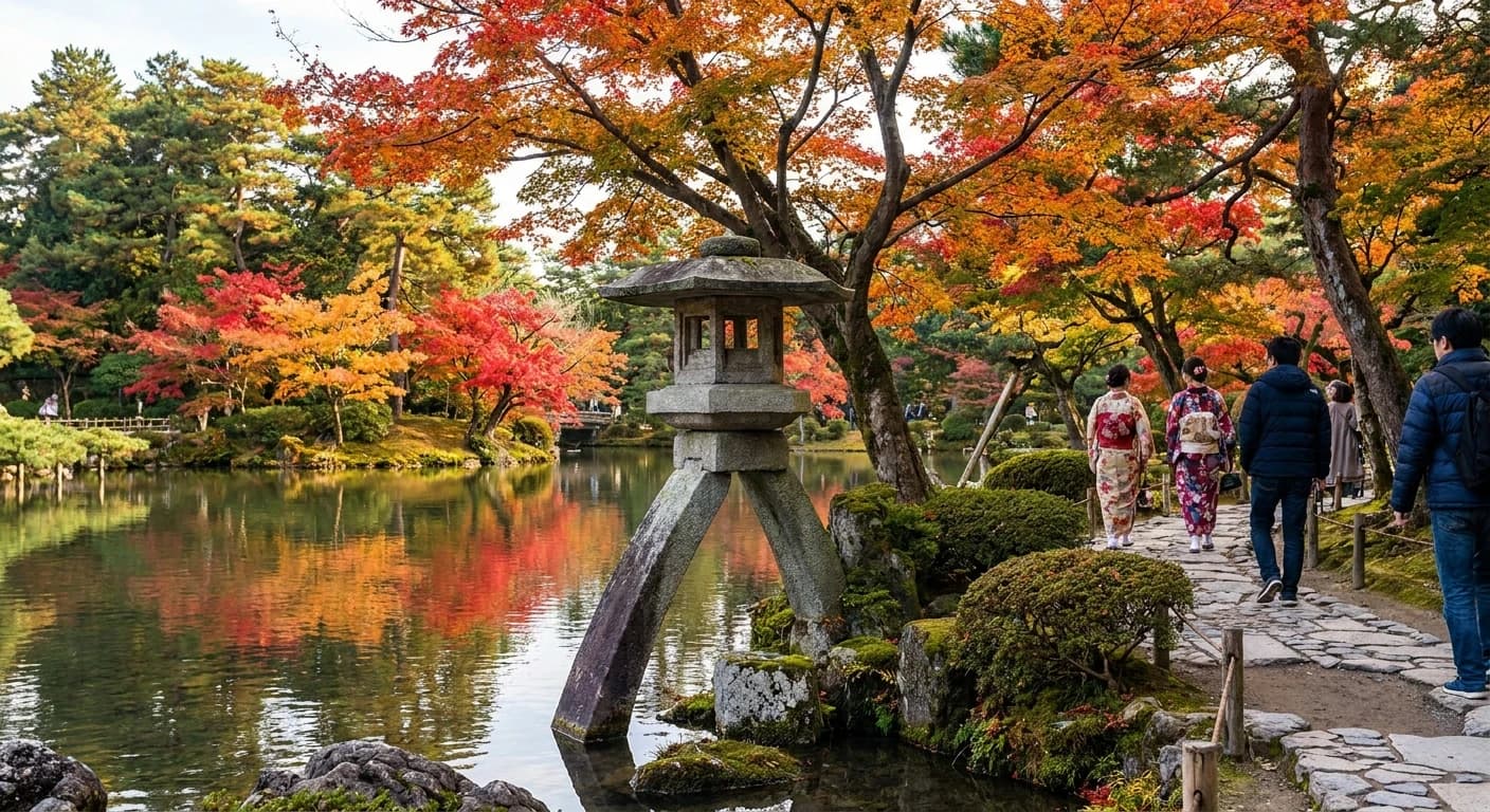 Kenroku-en garden with traditional stone lantern in autumn