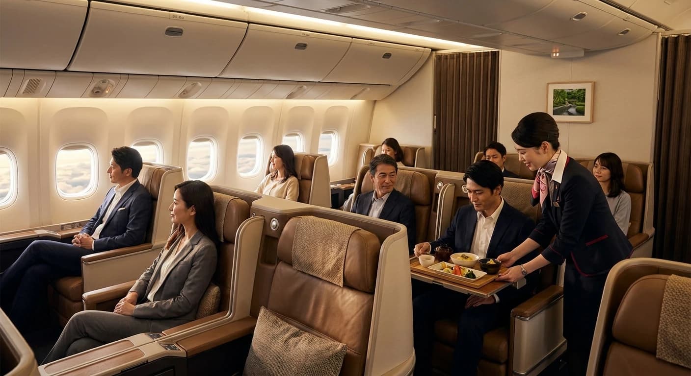 Business class cabin on premium flight connecting to Kanazawa