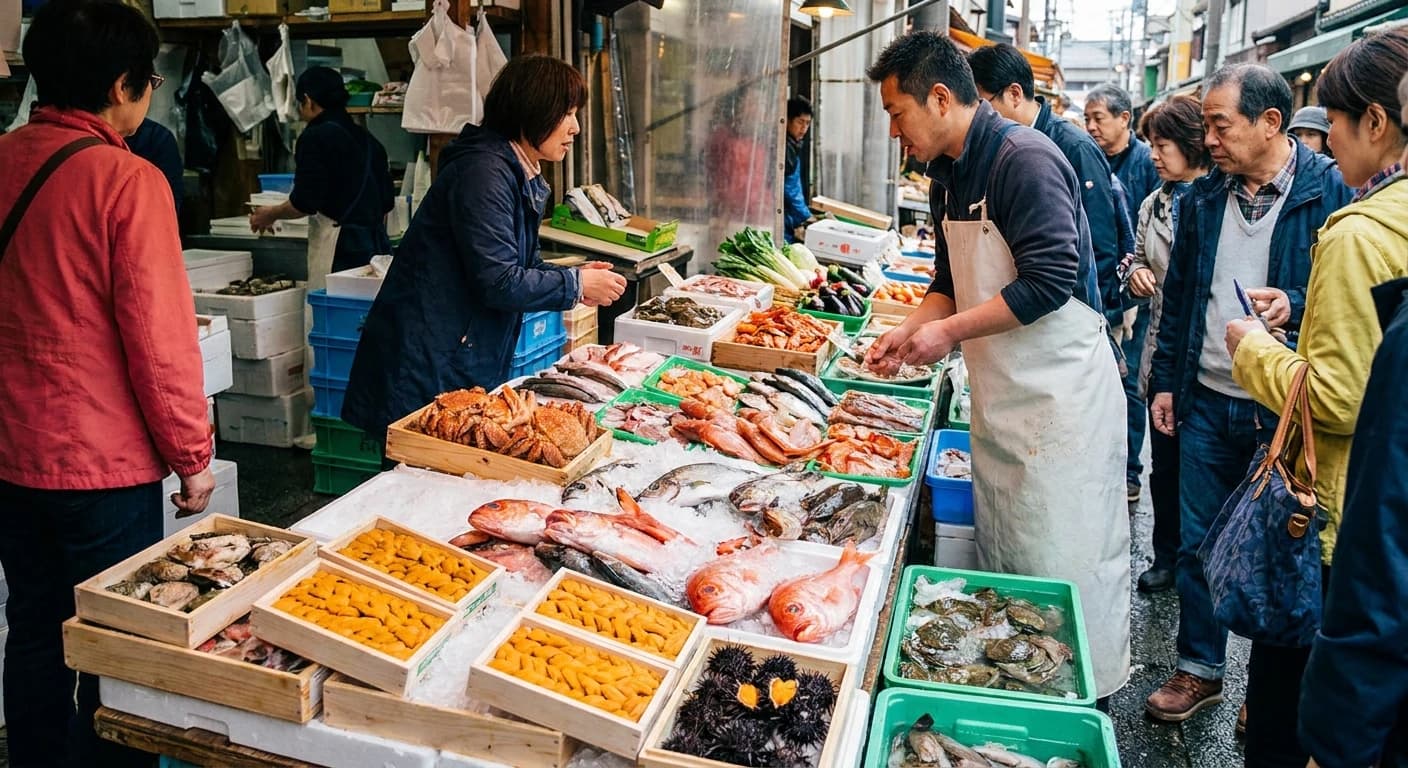 Fresh seafood display at Omicho Market in Kanazawa