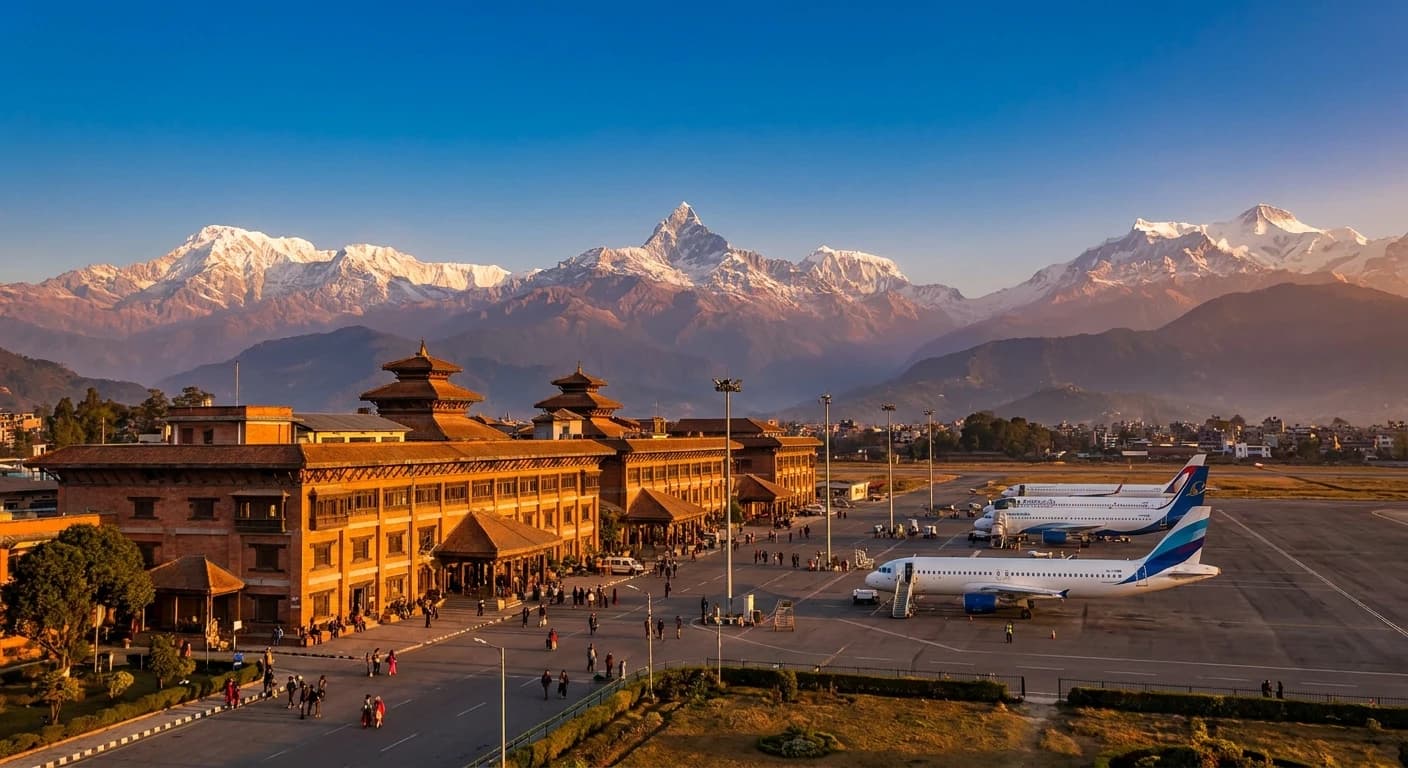 Tribhuvan International Airport with Himalayan backdrop
