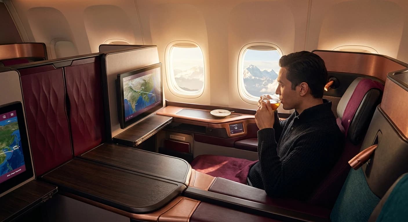 Qatar Airways Qsuite business class cabin en route to Nepal